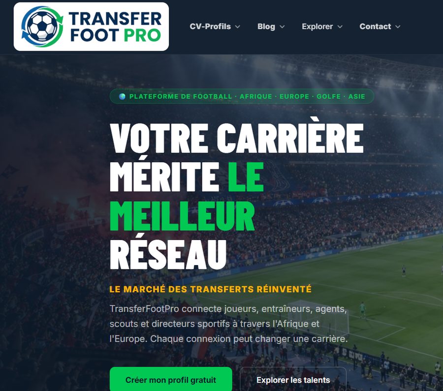 Aperçu de la page d'accueil de la plateforme TransferFootPro