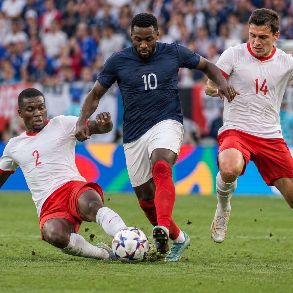 Un joueur dribble entre deux adversaires, ballon au pied
